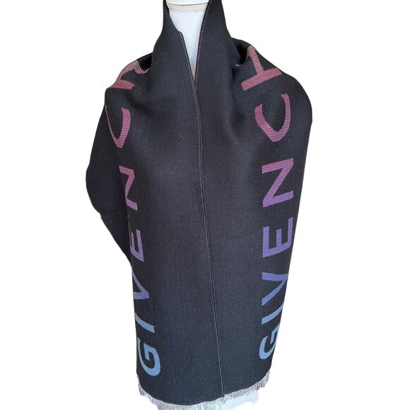 Givenchy Logo Wool Double Face Fringe Scarf Black Ombre - Picture 8 of 8